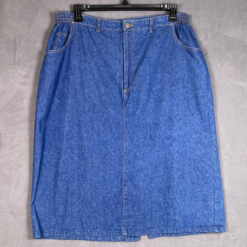 Vintage Jantzen Made in USA Denim Midi Skirt Elastic Waist Plus Size 20 Blue